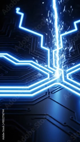 Abstract illustration of a digital circuit board with a blue neon lightning strike technology background