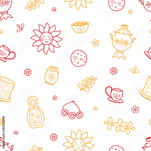 Seamless pattern Maslenitsa is a traditional holiday marking the end of winter. Background Shrovetide. Vector doodle illustration wallpaper.