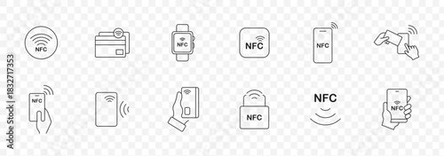Nfc icon set. Contactless wireless pay sign logo. NFC payments icon for apps. Contactless NFC payment sign. NFC payment with smartphone icons. Vector illustration.