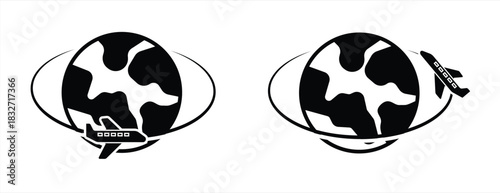Globe and airplane icon set. Airplane flying around planet Earth. Airplane travel sign, vector illustration.