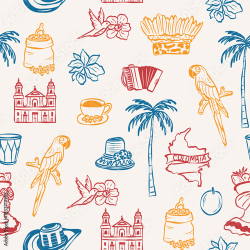 Vector Colombia elements seamless pattern. Colorful background
