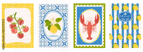 A collection of illustrations about Mediterranean cuisine and travel. Retro-style illustrations featuring lemons, a striped background, lobster, and tomatoes, hand-drawn.