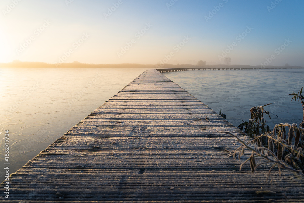 Naklejka premium Hoarfrost on a jetty (Knuppelpad) in nature reserve Roegwold during a cold, autumn sunrise.