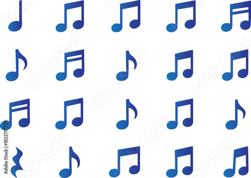 Graphic icons of black musical notes and symbols including quarter, eighth, and sixteenth notes, arranged in an organized grid, ideal for music, education, and digital design projects.