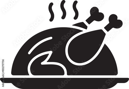 Roasted Poultry Silhouette Icon on Serving Platter Festive Food Symbol Vector Illustration