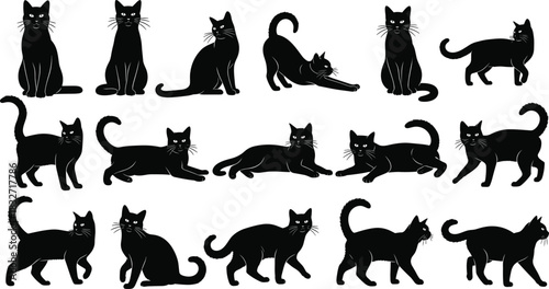 Black cat silhouette collection featuring multiple feline poses, walking, sitting, stretching and playful pet illustrations for design, decoration and artwork projects
