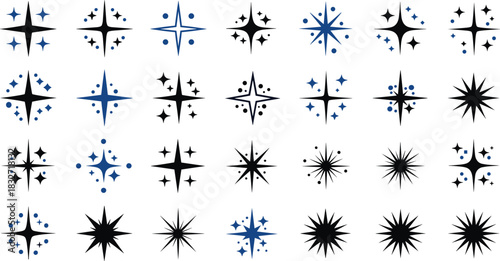 Collection of decorative star and sparkle icons for design, celestial elements, shining effects, glowing symbols, graphic illustration set for creativity