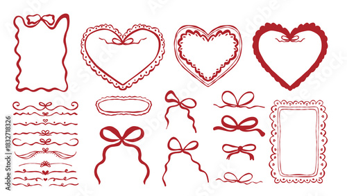 Set of cute Coquette bows, ribbons, dividers and frames. Elegant vintage Hand drawn line art girly decor Vector illustration. Hand drawn Coquette Whimsical Frames