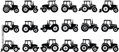 Collection of detailed tractor silhouette icons for farming, agriculture, machinery, rural industry, farm equipment design, transport tools, vector illustration art