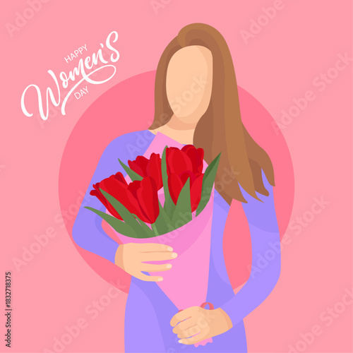 Happy women's day card with girl holding tulips bouquet spring flowers pink background 8th march