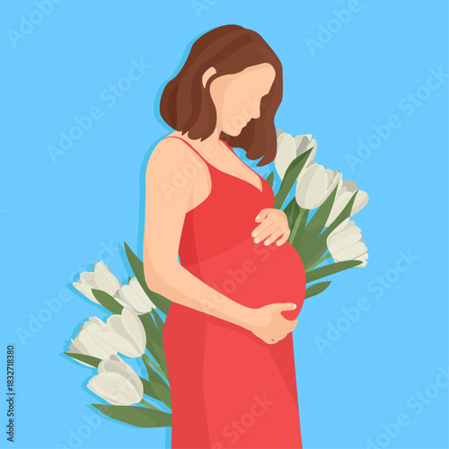 Elegant pregnant woman in red dress decorated with white tulip flowers mom's day card 8th march