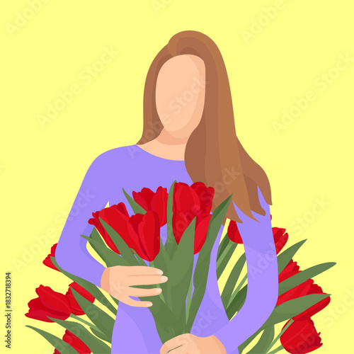 Faceless girl with red tulips flowers in hands hello spring card 8th march women's day