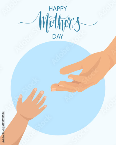 Happy mother's day card with mom and kid hands 8th march flat illustration