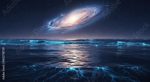 Cosmic galaxy reflected in ocean waves under a starry night sky