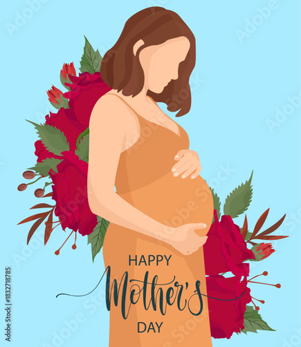 Happy mother's day greeting card pregnant woman decorated with red roses flowers future mom 8th march