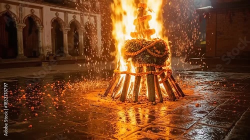 Holika Dahan Fire Ritual Celebration During Chhoti Holi Festival with Sacred Bonfire in Traditional Indian Setting