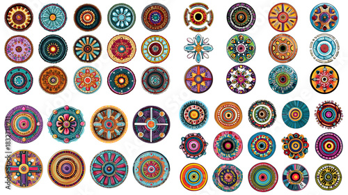 A vibrant collection of mandala inspired circular motifs featuring intricate patterns, bold colors, and decorative geometric details ideal for artistic and design applications.