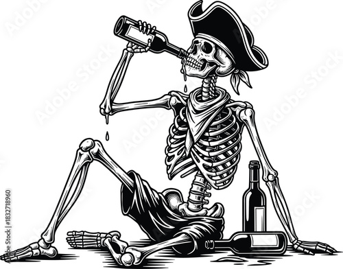 Detailed pirate skeleton drinking from bottle with rum barrels and empty bottles, humorous vintage illustration for Halloween, tattoo art and graphic design