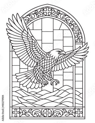 Eagle flying in elaborate stained glass window archway, line art, coloring page