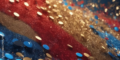 An abstract macro closeup of blue red and white beads displaying a wet textured pattern with aqua bubbles that resembles a nature inspired design