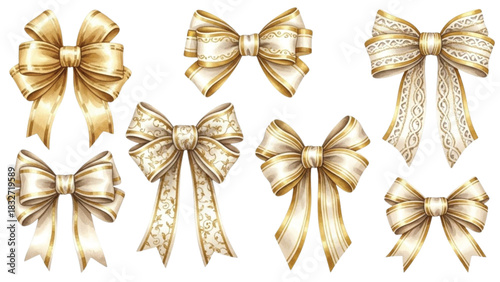 Watercolor Gold and White Ribbon Bow Set Elegant Decorative Holiday Illustration