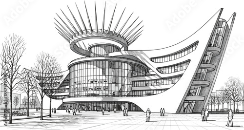 Futuristic architectural building illustration with modern curved structure, glass facade, urban landscape design concept, contemporary city architecture artwork