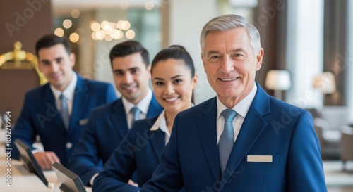 Group of hotel receptionists smiling at camera. Reception team members at work. Professional hospitality service concept for hotel business.