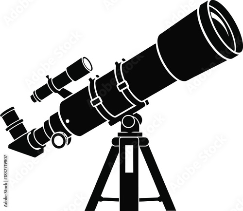 Silhouette illustration of a large astronomical telescope mounted on a tripod.
