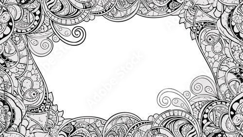 Highly detailed black and white ornamental border with swirling paisley, mandala, and doodle patterns forming a rectangular frame around a spacious blank center