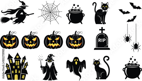 Halloween themed vector icons featuring witch, pumpkins, black cats, haunted house, spiders, bats, wizard, ghost and cauldron illustrations for decoration