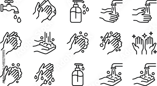 Hand Washing Icons: Hygiene Steps, Prevention, Health Care, Liquid Soap, Water Tap, Sanitizer, and Personal Cleanliness Outline Vector Set
