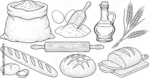 Hand drawn bakery ingredients and bread collection including flour bag, wheat, eggs, rolling pin, oil bottle and loaf illustrations for design use