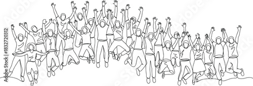 Happy group of diverse people jumping together in continuous line art style celebrating unity teamwork friendship joy in minimal vector illustration