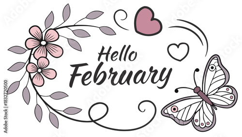 Vector illustration of words ‘Hello February’ decorated with flowers, hearts, butterflies and delicate leaves, creating a romantic floral composition