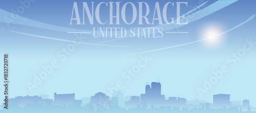Foto Blue panoramic poster of the city skyline with misty background buildings and cl