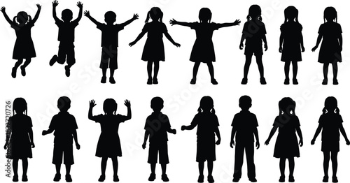 Silhouette collection of children standing, jumping, and posing in various playful positions, isolated black kid figures for graphic design and illustration