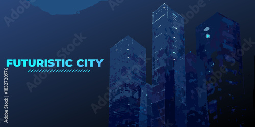 Dark futuristic cityscape with tall buildings and cyberpunk aesthetic