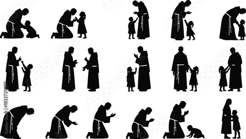 Silhouette illustration of priest interacting with child in various poses, guidance, blessing, teaching moments, compassion, faith, spirituality, religious mentoring artwork