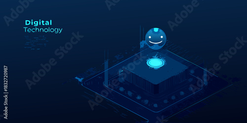 Isometric digital technology with smiling ai character on dark blue background