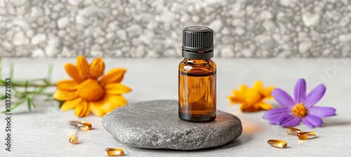 Obraz  z motywem Aromatherapy Essential Oil in Amber Bottle on Stone Surrounded by Wild Flowers and Capsules