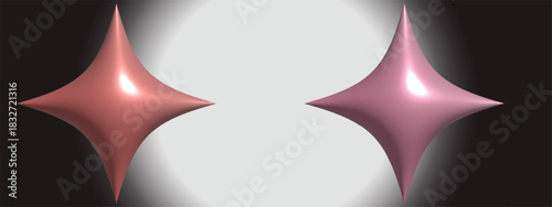 glossy metallic star shapes on gradient background with reflective highlights and symmetrical four-pointed design elements for decorative or abstract digital art and graphic design applications