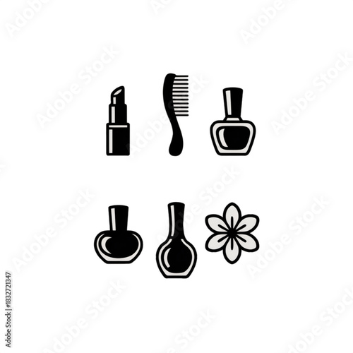 Vector illustration of makeup and beauty salon icons featuring lipstick comb nail polish flower and cosmetic bottles in a clean minimal set isolated on a light background for branding and stickers