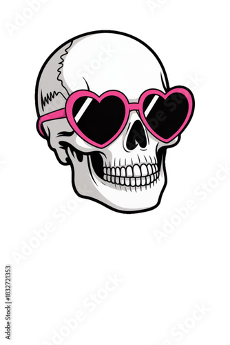 Vector sticker illustration of a skull wearing pink heart shaped sunglasses with playful fashion attitude isolated on a light background for edgy apparel prints party graphics and alternative design