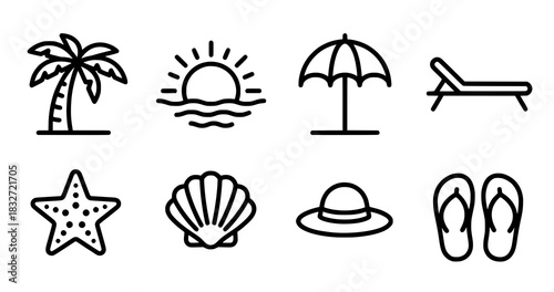 Beach Vacation Icons Palm Tree Sun Umbrella Chair Starfish Shell Hat FlipFlops.