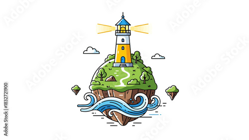 Lighthouse on a Floating Island with Waves and Clouds.