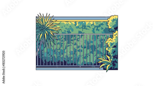 Lush Greenery and Modern Railing on a Balcony.