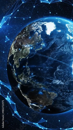 Abstract illustration of earth globe with glowing lines representing global network and communication