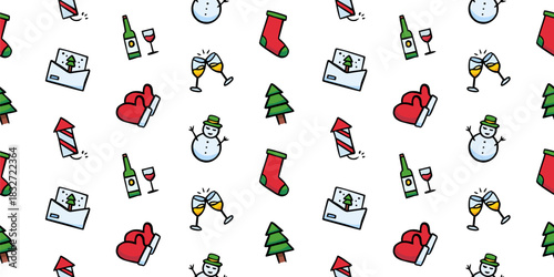 Seamless Celebration Pattern with Hand-Drawn Holiday Party Icons, Cartoon New Year Background, Festive Drinking, Winter Wallpaper, Gift Design Elements