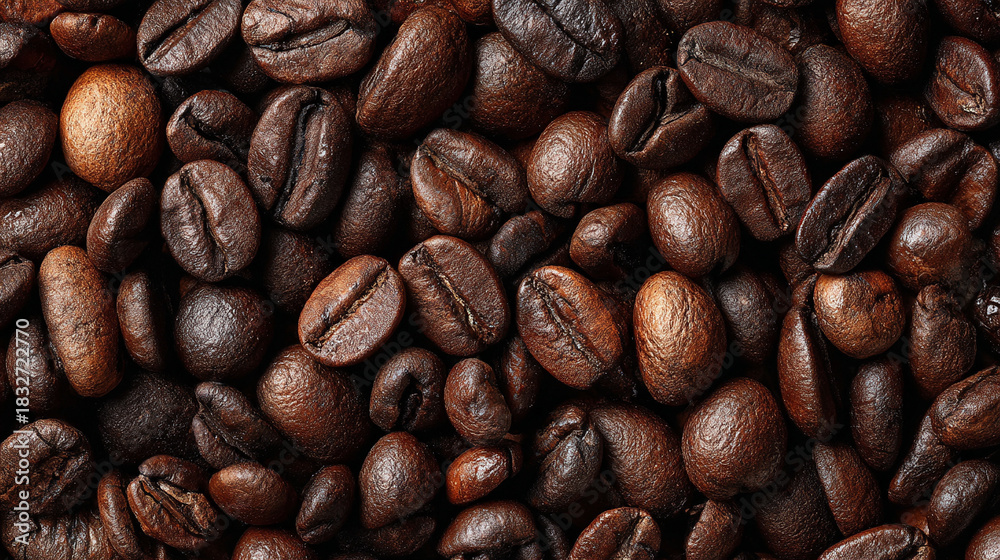 Naklejka premium Close-up top view of numerous coffee beans, showcasing rich brown tones and natural texture. The scene evokes freshness, coffee culture, brewing, aroma, and culinary appeal for coffee lovers.