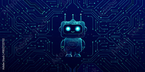 Cute cartoon robot on a dark blue circuit board background